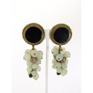 Women's Earrings Vintage Black Enamel Brass Metal Cluster Glass Dangling Earring